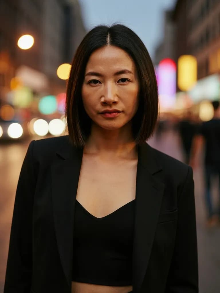 evening out, warm light — generated by Dating Studio, same face as the source selfie