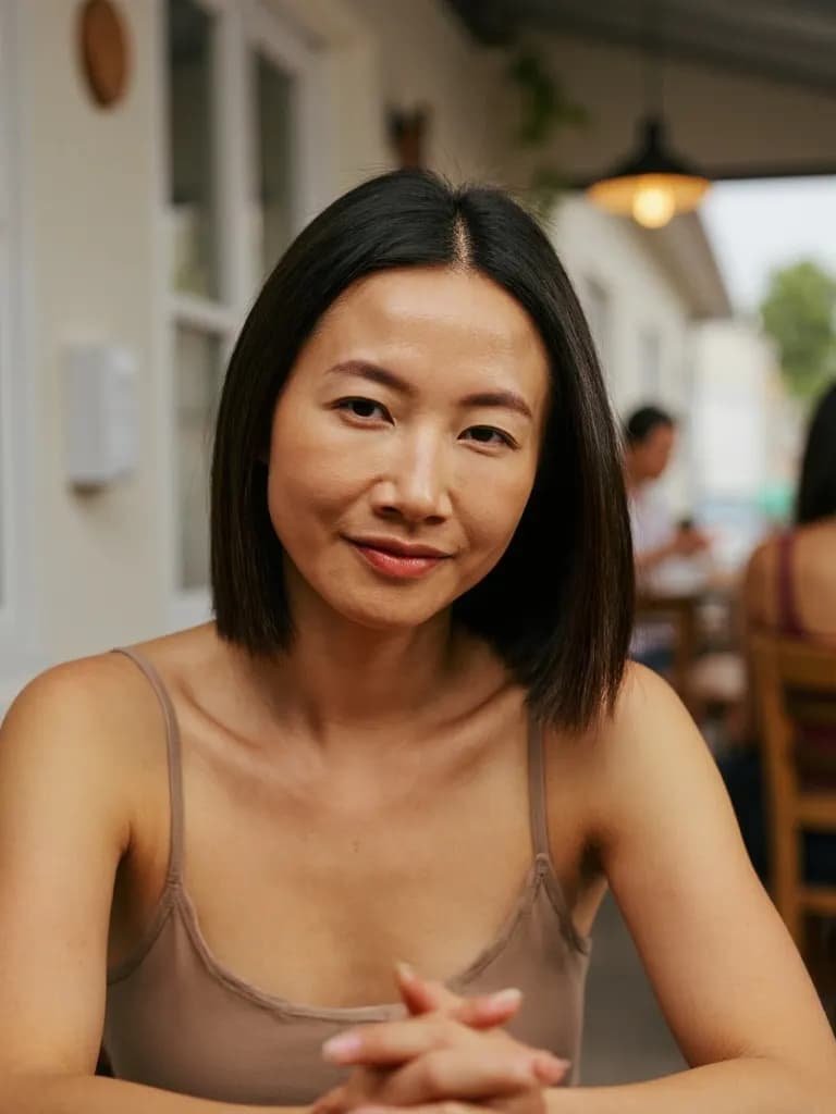 coffee shop, window light — generated by Dating Studio, same face as the source selfie